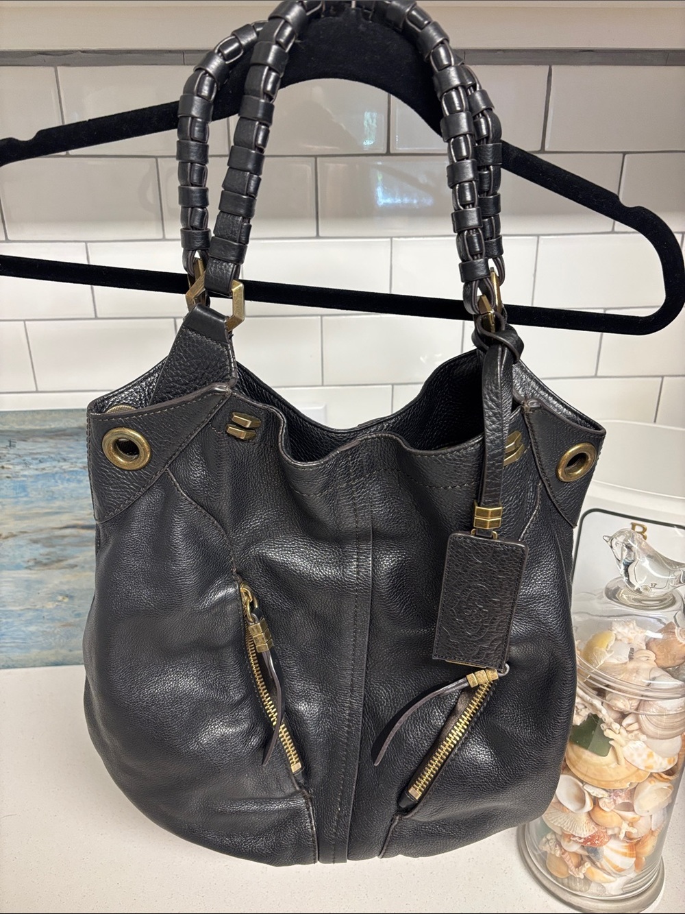 orYANY Gwen Black Pebbled Leather Shoulder Hobo with Braided Handles